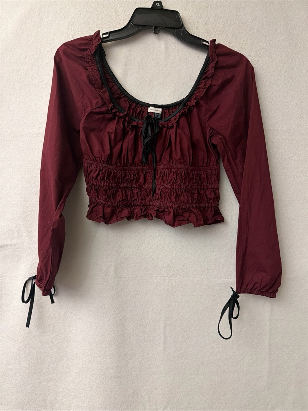 American Eagle Outfitters Burgundy Smocked Crop Top with Black Ties milkmaid